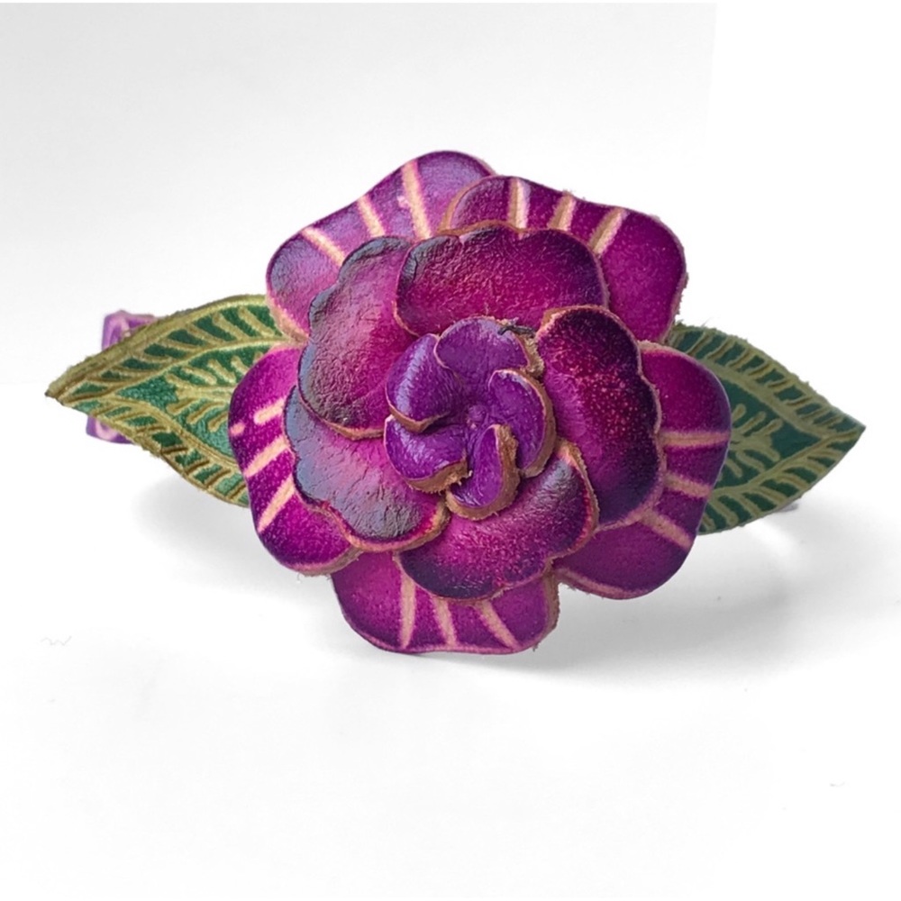 1 LEFT! Genuine Leather Handmade Handcrafted Purple Flower Bracelet - Picture 2 of 4